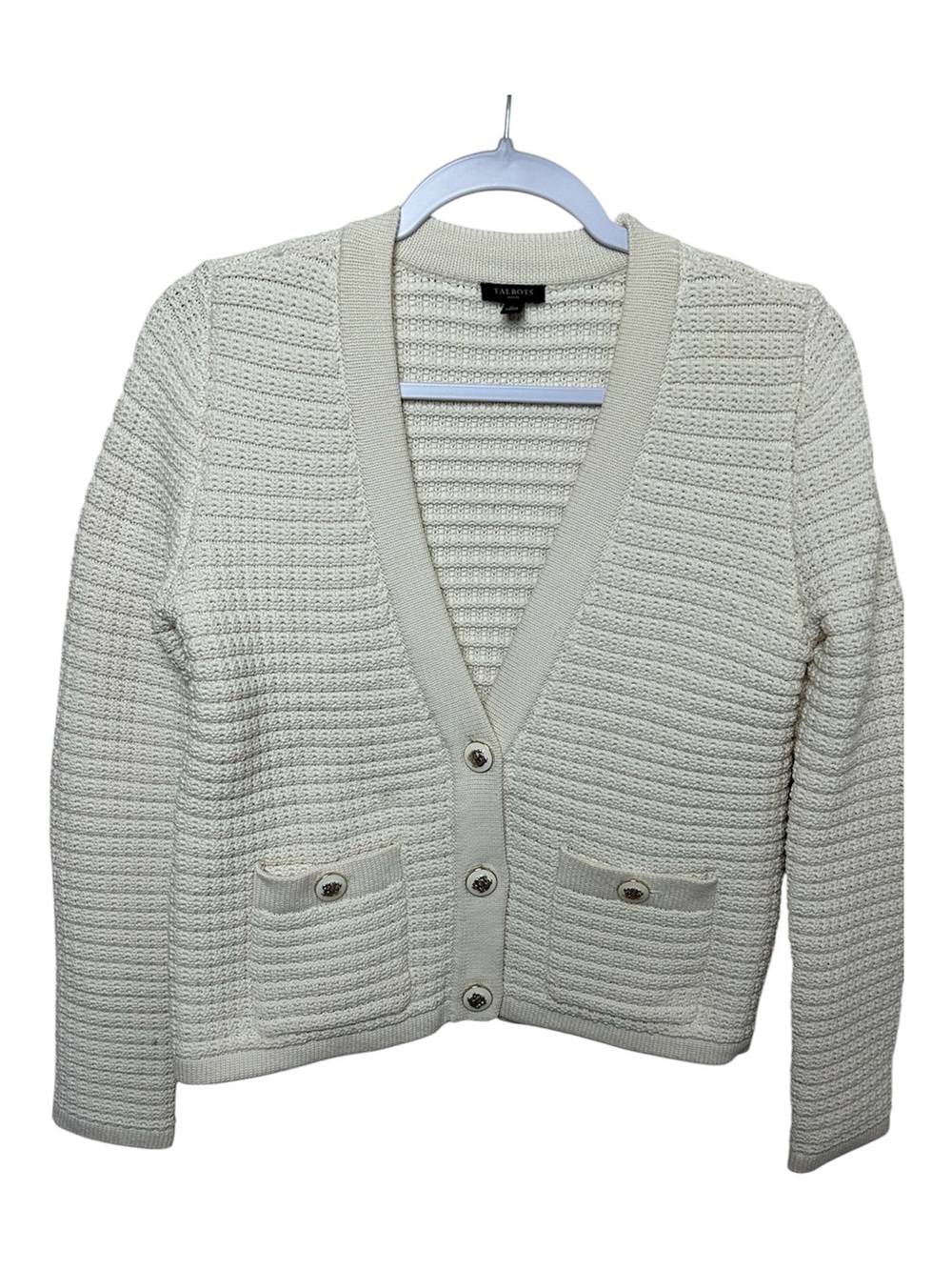 Talbots Cream Chunky Knit V-Neck Button Cardigan